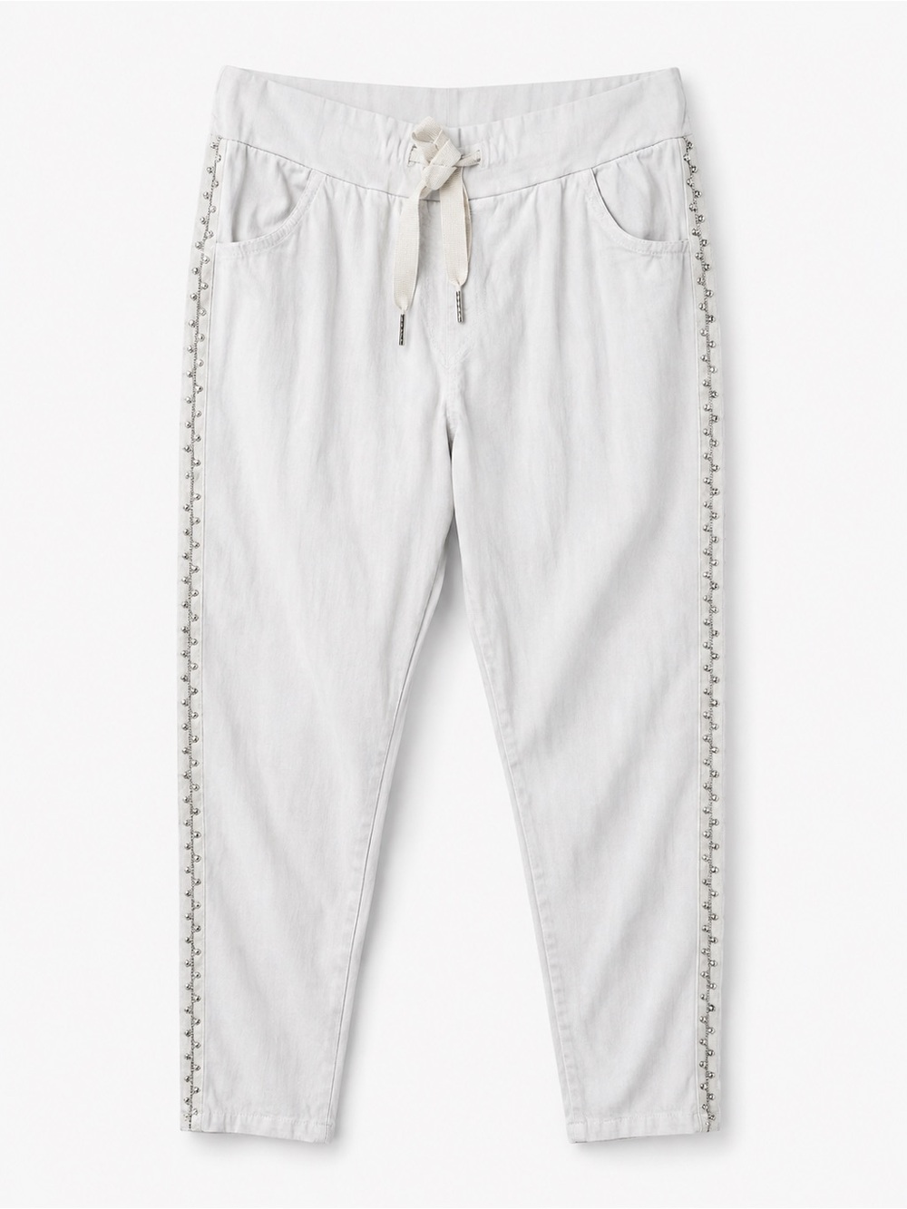 Vintage White Stretch Drawstring Casual Pants with Rhinestone Side size 6